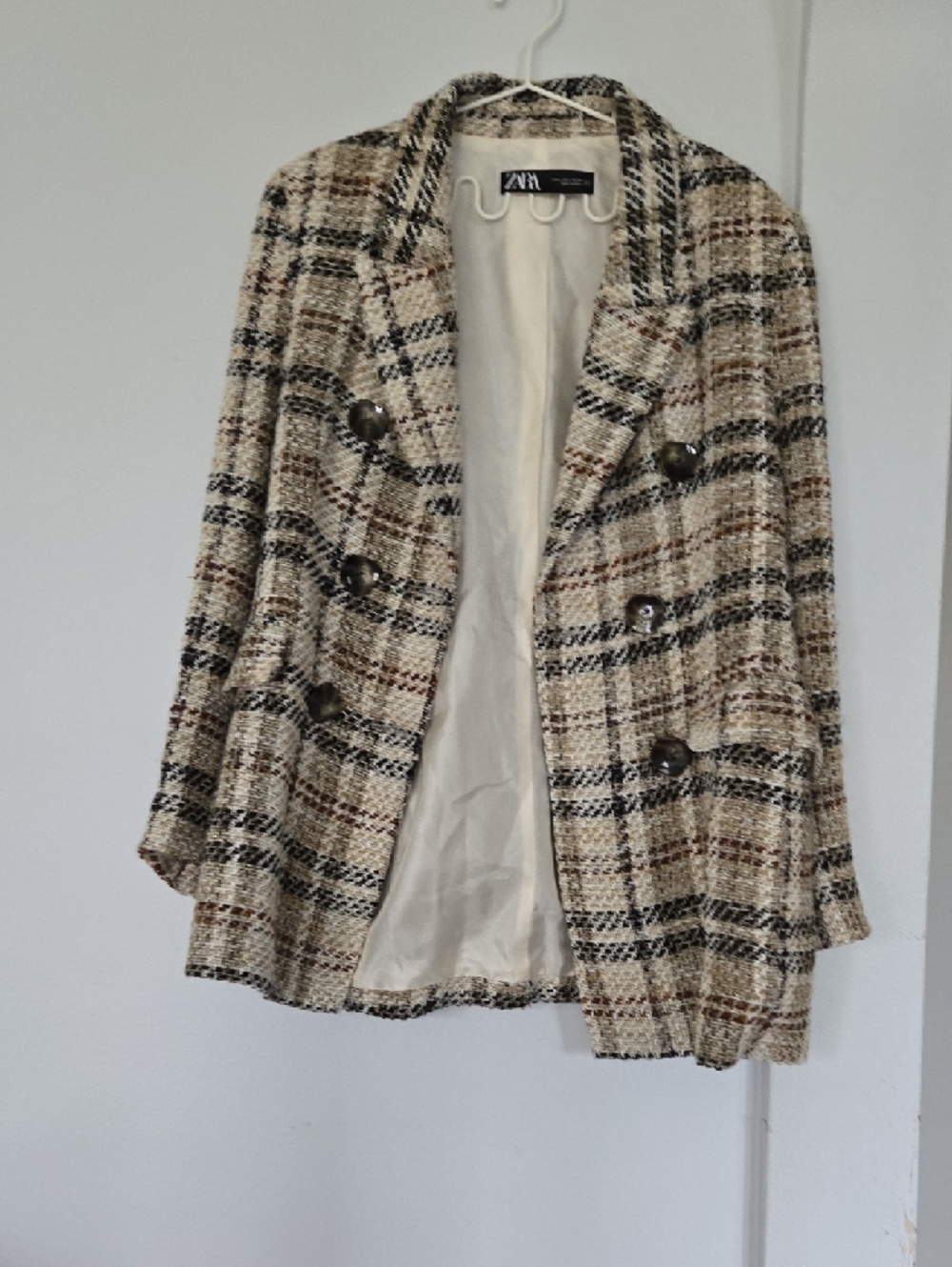 Zara Beige Multi Plaid Double-Breasted Blazer - Picture 10 of 15